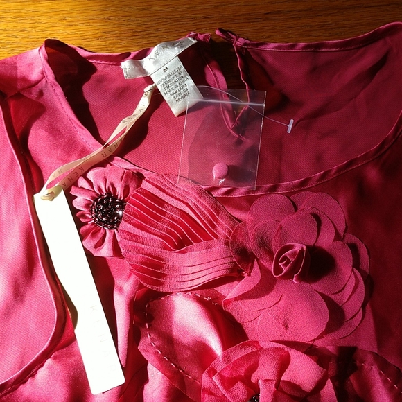 CHRISTMAS NWT Rosey Pink PolySatin & Chiffon Beaded Appliqued Flower Blouse NWT - Picture 5 of 6